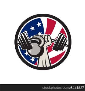 Icon retro style illustration of an American hand lifting a barbell and kettlebell with United States of America star spangled banner or stars and stripes flag set inside circle isolated background.. American Hand Barbell Kettlebell USA Flag