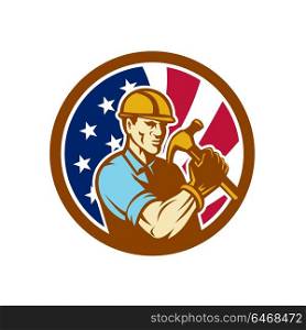Icon retro style illustration of an American handyman, builder, carpenter or construction worker holding hammer United States of America USA star spangled banner stars and stripes flag inside circle.. American Handyman USA Flag Icon