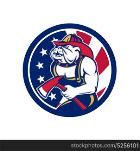 Icon retro style illustration of an American or Bulldog fireman or firefighter holding fire axe with United States of America USA star spangled banner or stars and stripes flag inside circle.. Bulldog Fireman American Flag Icon