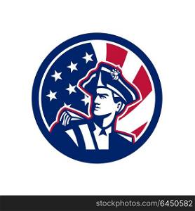 Icon retro style illustration of an American patriot or militia minuteman looking up with United States of America USA star spangled banner or stars and stripes flag inside circle isolated background.. American Patriot USA Flag Icon
