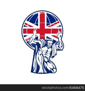 Icon retro style illustration of Atlas, a Titan carrying a globe with British United Kingdom UK, Great Britain Union Jack flag viewed from front on isolated background.. Atlas Carrying Globe British Union Jack Flag