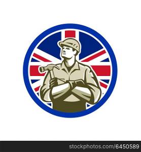 Icon retro style illustration of British builder, carpenter or construction worker with hammer arms crossed with United Kingdom UK, Great Britain Union Jack flag set inside circle isolated background.. British Builder Union Jack Flag Icon