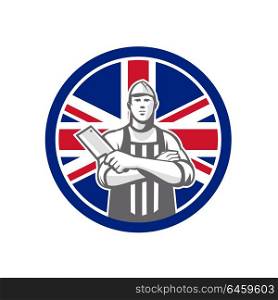 Icon retro style illustration of British butcher arms crossed holding a meat cleaver viewed from front with United Kingdom UK, Great Britain Union Jack flag set inside circle on isolated background.. British Butcher Front Union Jack Flag Icon