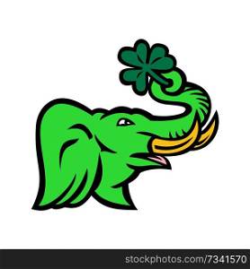 Icon retro style illustration of green elephant with big tusk holding a giant Irish shamrock using it&rsquo;s trunk viewed from side on isolated background.. Green Elephant Shamrock Icon