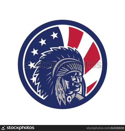 Icon retro style illustration of Native American Indian chief wearing war bonnet, a feathered headgear with United States of America USA star spangled banner or stars and stripes flag inside circle.. Native American Indian Chief USA Flag Icon