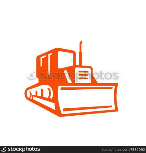 Icon retro style illustration of red bulldozer, excavator or construction heavy equipment viewed from front on isolated background.. Red Bulldozer Icon