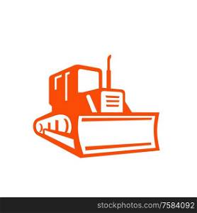 Icon retro style illustration of red bulldozer, excavator or construction heavy equipment viewed from front on isolated background.. Red Bulldozer Icon
