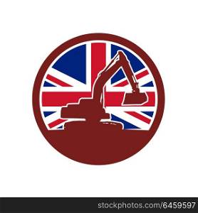 Icon retro style illustration of silhouette of a British mechanical digger or excavator viewed from side with United Kingdom UK, Great Britain Union Jack flag set inside circle on isolated background.. British Mechanical Digger Union Jack Flag Icon