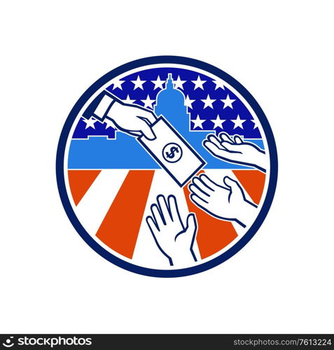 Icon retro style illustration of the American government stimulus or economic impact payment showing a hand giving money to recipient with the United States Capitol building and flag inside circle.. American Stimulus Payment Package Icon Retro