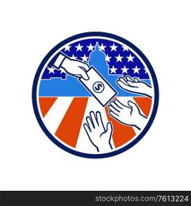 Icon retro style illustration of the American government stimulus or economic impact payment showing a hand giving money to recipient with the United States Capitol building and flag inside circle.. American Stimulus Payment Package Icon Retro