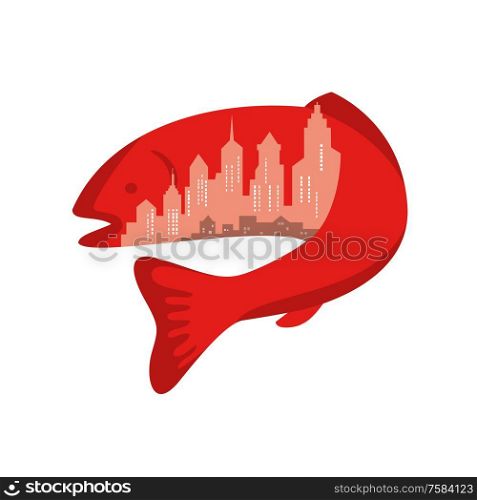 Icon retro style illustration of trout or salmon fish with urban or city skyline buildings inside on isolated background.. Trout With Building Skyline Inside Icon