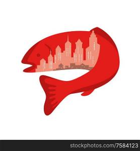 Icon retro style illustration of trout or salmon fish with urban or city skyline buildings inside on isolated background.. Trout With Building Skyline Inside Icon