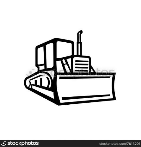Icon retro style illustration of vintage bulldozer, excavator or construction heavy equipment viewed from front in Black and White on isolated background.. Vintage Bulldozer Black and White