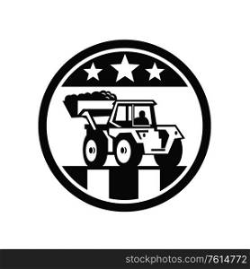 Icon retro style illustration of vintage mechanical digger excavator with USA American stars and stripes flag inside circle on isolated background in Black and White.. Mechanical Digger Excavator USA Flag Black and White