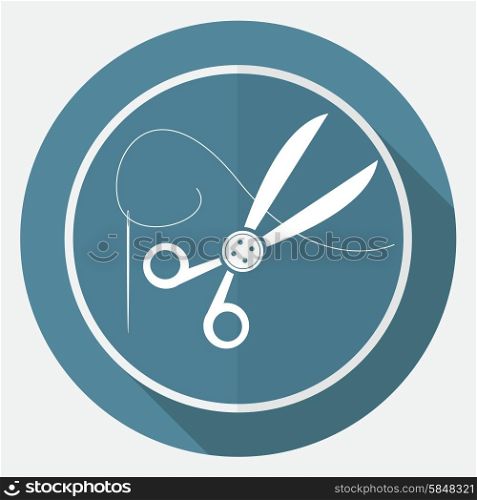 Icon scissors on white circle with a long shadow