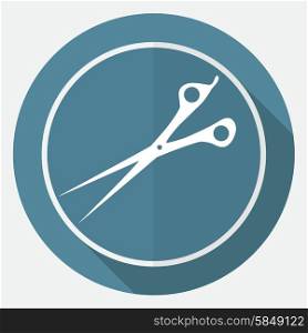 Icon scissors on white circle with a long shadow
