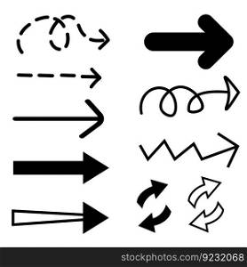 Icon set arrows black isolated on white doodle different flat sign illustration direction hand drawn cursor
