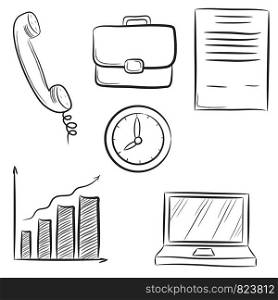 Icon set business office & communication with clock, phone, contract, computer, hand drawn vector doodle