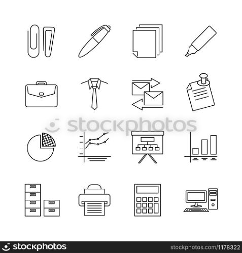 Icon Set for office activity, contain stationery, briefcase, diagram, printer, computer, pen, calculator. Editable Stroke Vector