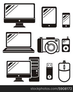 Icon set in black of digital gadgets with camera, smartphone, digital tablet, laptop, desktop computer isolated on white background