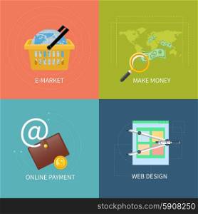 Icon set in flat design of web design, commerce, mobile payment and e-market concepts