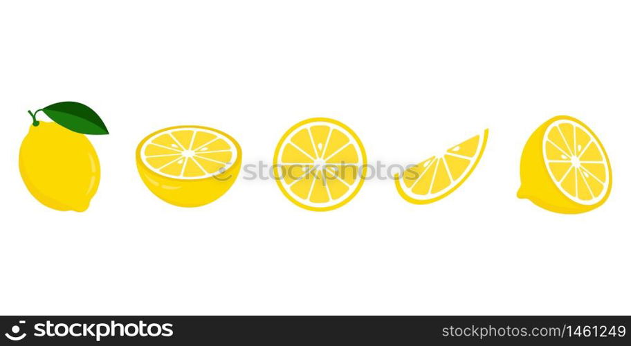 Icon set lemon, vector illustration on white background. the whole fruit and cut into pieces. citrus.