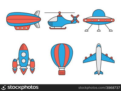 Icon set of aero vehicles. Helicopter plane UFO dirigible aerostat rocket. Line Style
