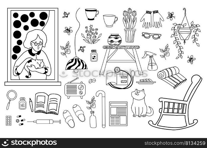 Icon set of an old woman with a cat in the window. The pensioner belongings are a newspaper and houseplants, a book and a tonometer, an armchair and medicine. Isolated black outline. Vector illustration