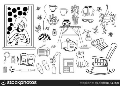 Icon set of an old woman with a cat in the window. The pensioner belongings are a newspaper and houseplants, a book and a tonometer, an armchair and medicine. Isolated black outline. Vector illustration