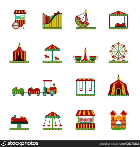 Icon set of attractions in amusement park. Circus, carousel and other vector illustrations in flat style. Color attraction icons collection. Icon set of attractions in amusement park. Circus, carousel and other vector illustrations in flat style