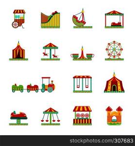 Icon set of attractions in amusement park. Circus, carousel and other vector illustrations in flat style. Color attraction icons collection. Icon set of attractions in amusement park. Circus, carousel and other vector illustrations in flat style