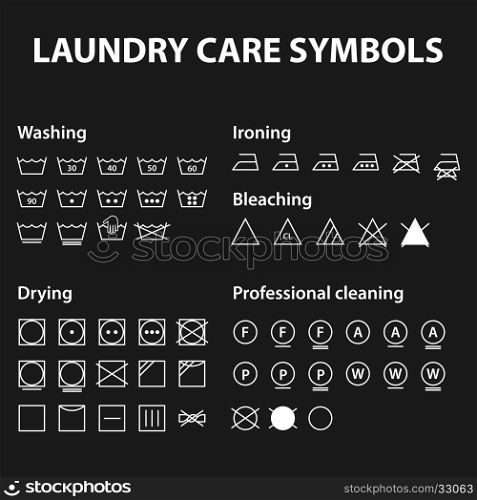Icon set of laundry symbols. Washing instruction symbols. Cloth, Textile Care signs collection. Vector illustration
