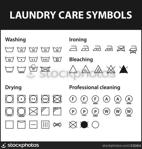 Icon set of laundry symbols. Washing instruction symbols. Cloth, Textile Care signs collection. Vector illustration