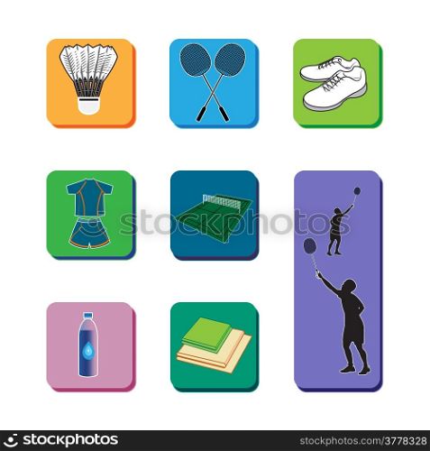 Icon set of necessary equipment for playing badminton.(gradient effect)