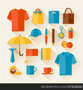 Icon set of promotional gifts and souvenirs.