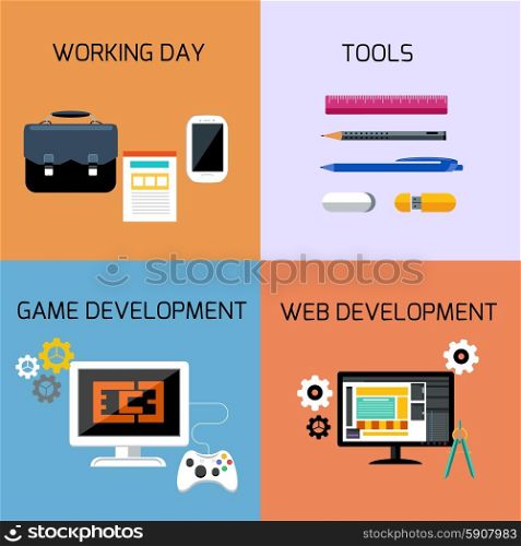 Icon set of tools for game development, website building, business and office in flat design