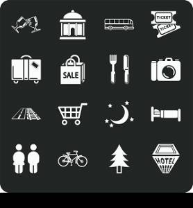 "Icon set relating to city or location information for tourist web sites or maps etc. Includes icons for Restaurants, Lodging, Attractions, Shopping, Tours and Daytrips, Suggested Itineraries, Nightlife, Local Transportation ("Getting Around")."