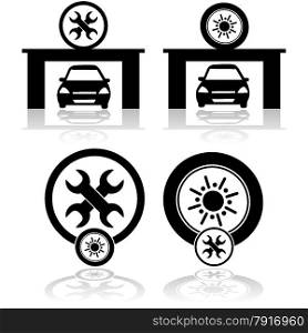 Icon set showing a car inside a garage as well as symbols for a tire and wrench