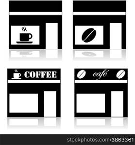 Icon set showing a coffee shop represented in four different ways