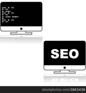 Icon set showing a computer screen with random icons and the acronym SEO for Search Engine Optimization