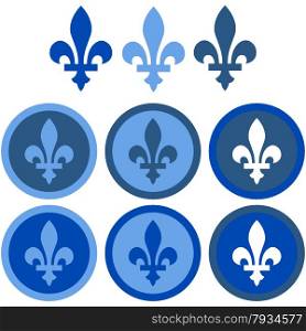 Icon set showing a fleur-de-lys in flat design using different shades of blue
