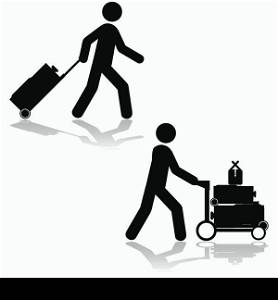 Icon set showing a man pulling a piece of luggage or carrying multiple items with a cart