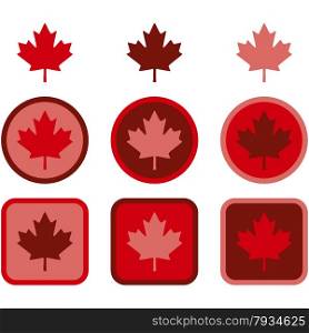 Icon set showing a maple leaf represented in flat design using different shades of red