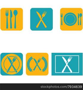 Icon set showing a plate combined with cutlery in a flat design in blue and orange
