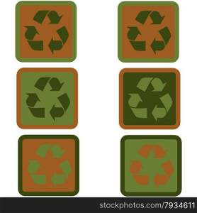 Icon set showing a recycling sign in flat design using different shades of green and brown