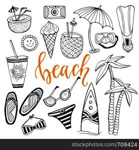 Icon set summer beach holidays. Hand drawn doodle vector illustrations. Icon set summer beach holidays with surfboard, swimsuit, palm, fins, cocktails, ice cream, drink, sunglasses, umbrella. Hand drawn doodle vector illustrations