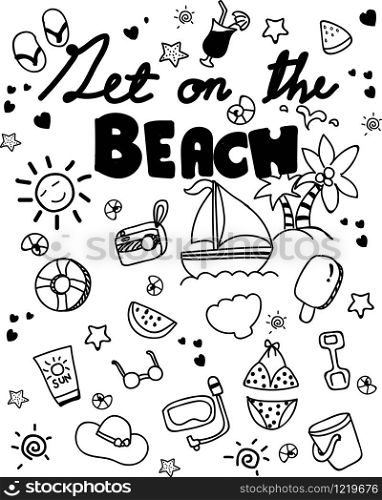 Icon set summer beach holidays, travel, vacation. Hand drawn doodle vector illustration.
