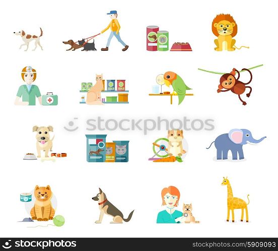 Icon set with home animals silhouettes of pets isolated on white background. Hamster, parrot, cat, elephant, giraffe, monkey and dog in flat design cartoon style