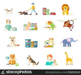 Icon set with home animals silhouettes of pets isolated on white background. Hamster, parrot, cat, elephant, giraffe, monkey and dog in flat design cartoon style