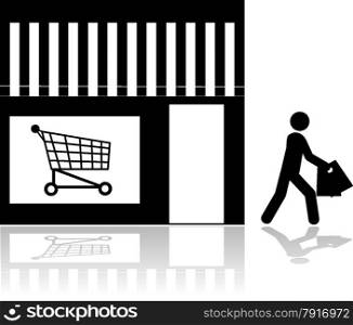 Icon showing a person walking out of a store carrying bags